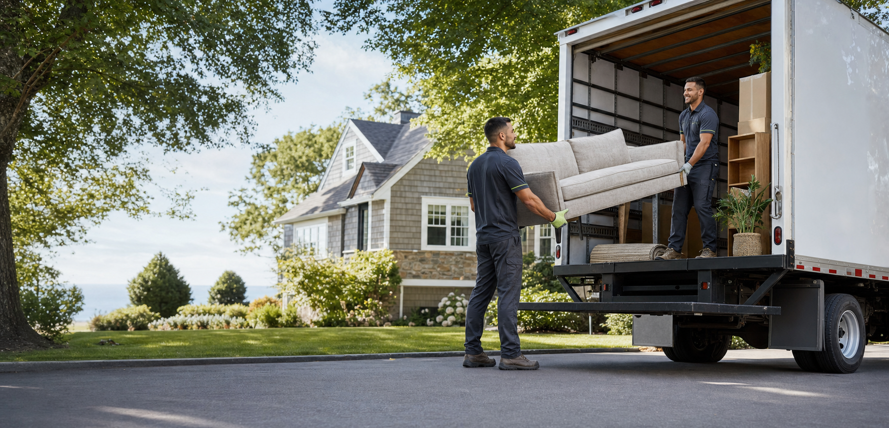 A professional two-person crew loading a sofa into a clean junk removal truck